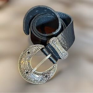 Vintage Landes Black Leather Belt with Decorative Silver Buckle - LG